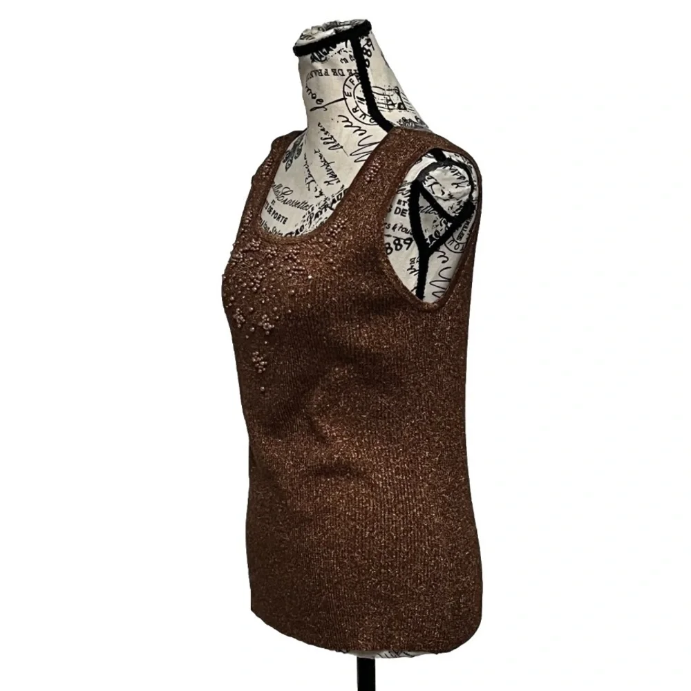 Vintage Just One Metallic Brown Gold Beaded Tank Top L | 80s Y2K Party Glam - Picture 3 of 10